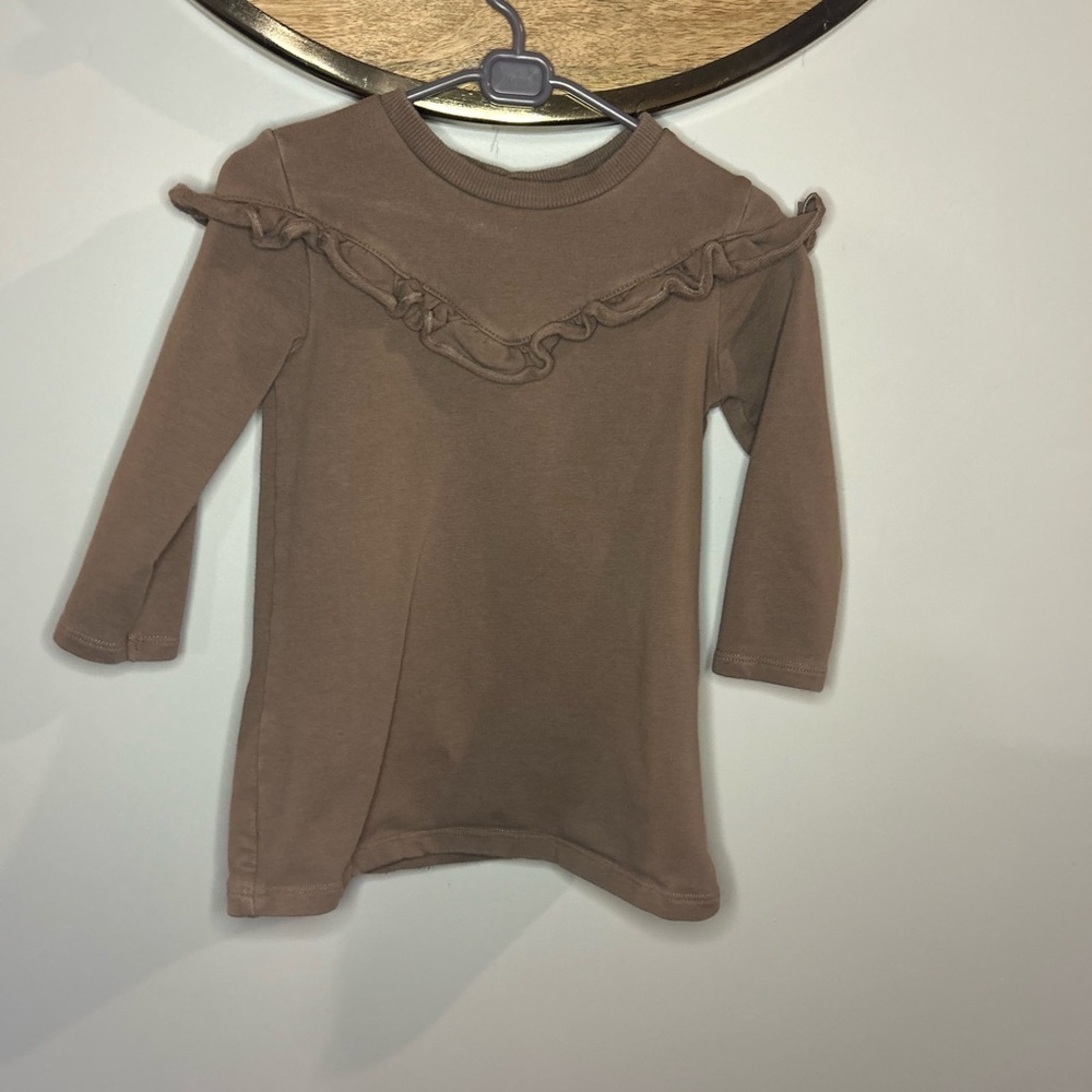 Adorable Brown Ruffle Long Sleeve Kids Sweater Dress